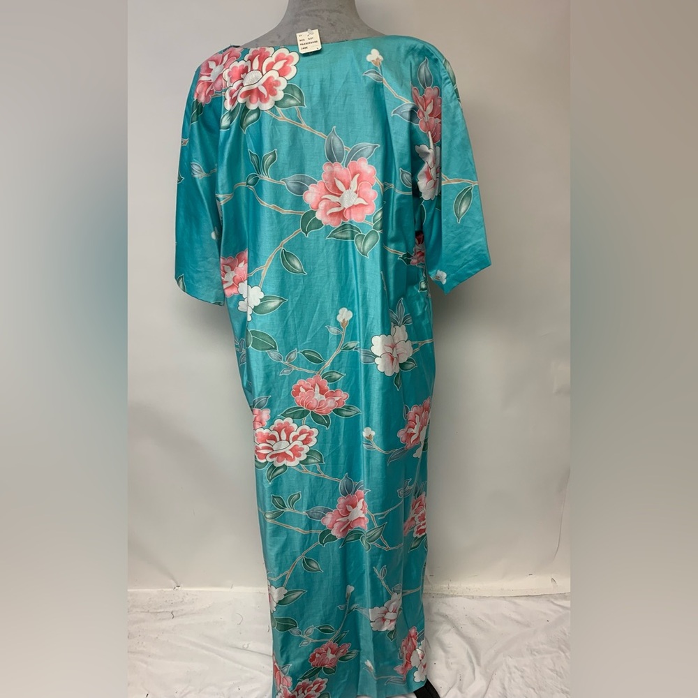 Sun Fashion Caftan Vintage Blue Hawaiian Tropical Print Maxi Beach Womens SZ L - Picture 3 of 9